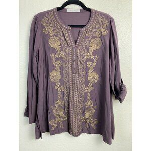 Michael Farrell  Embroidered Floral Boho Tunic Top Size Large‎ Roll Tab sleeve